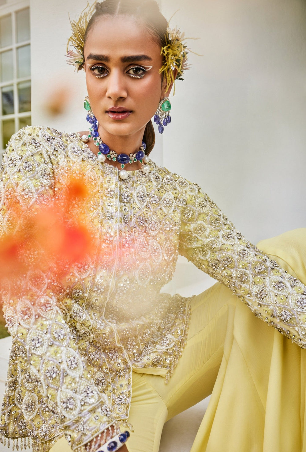Yellow And Lilac Embroidered Jacket Kurta Sharara Set Mani Bhatia - Fabilicious Fashion
