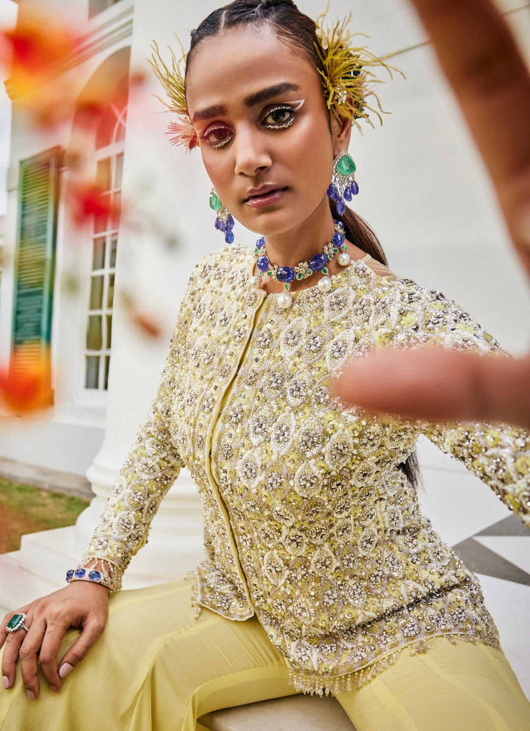 Yellow And Lilac Embroidered Jacket Kurta Sharara Set Mani Bhatia - Fabilicious Fashion