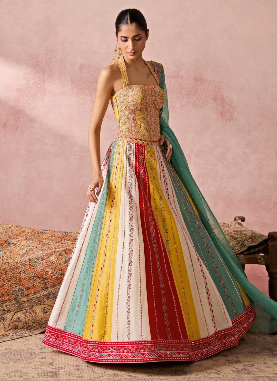 Chamee And Palak Yellow And Multicolour Dupion Silk Corset Lehenga SetFabilicious Fashion