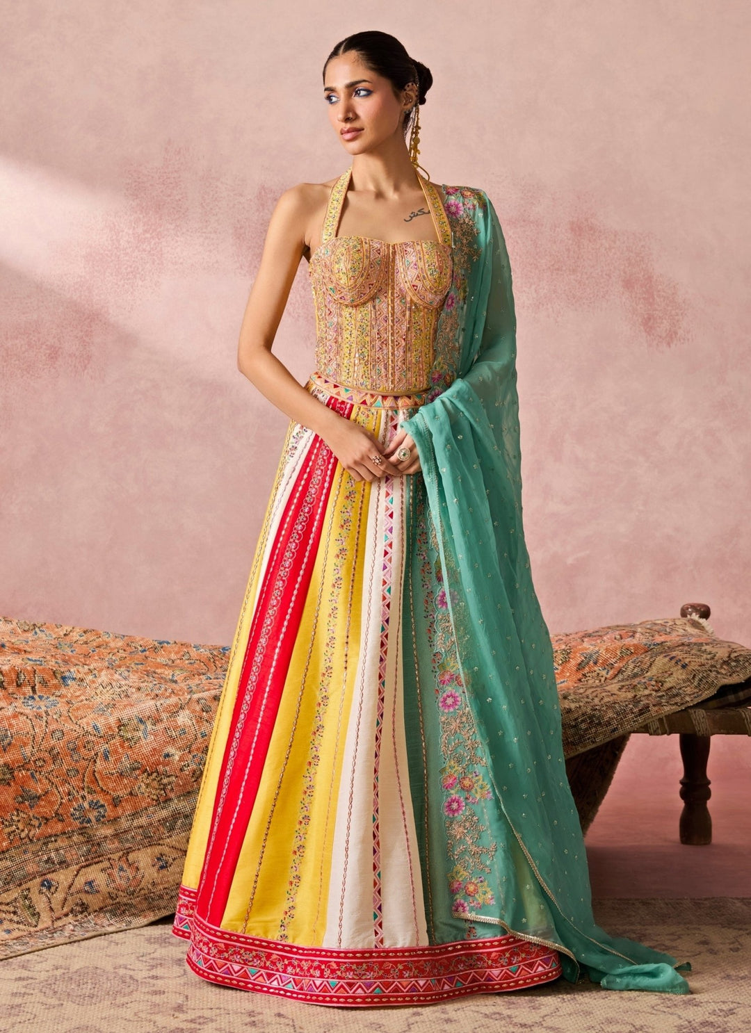 Chamee And Palak Yellow And Multicolour Dupion Silk Corset Lehenga SetFabilicious Fashion