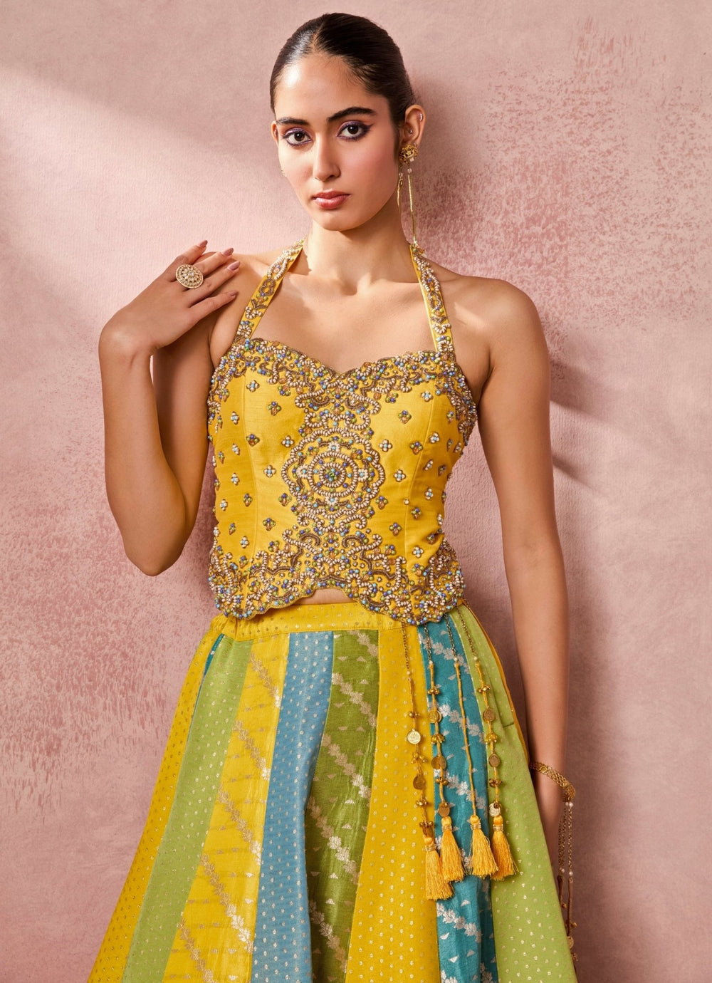 Chamee And Palak Yellow And Multicolour Jamewar Corset Lehenga SetFabilicious Fashion