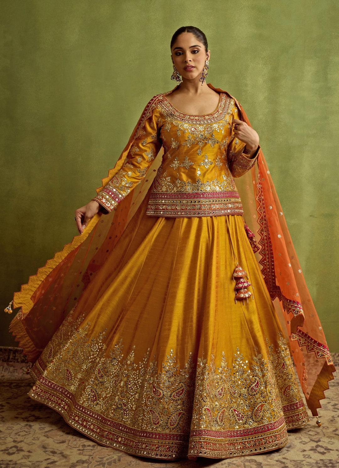 Yellow And Orange Mirror Embroidered Silk Kurta Lehenga Suhino - Fabilicious Fashion