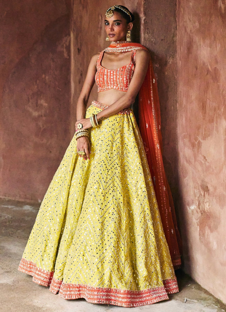 Yellow And Orange Raw Silk Lehenga Set Angad Singh - Fabilicious Fashion