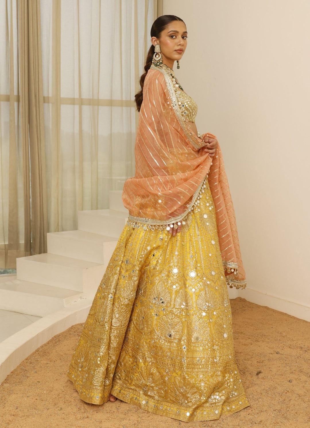 Yellow And Peach Foil Work Lehenga Set Studio Iris - Fabilicious Fashion