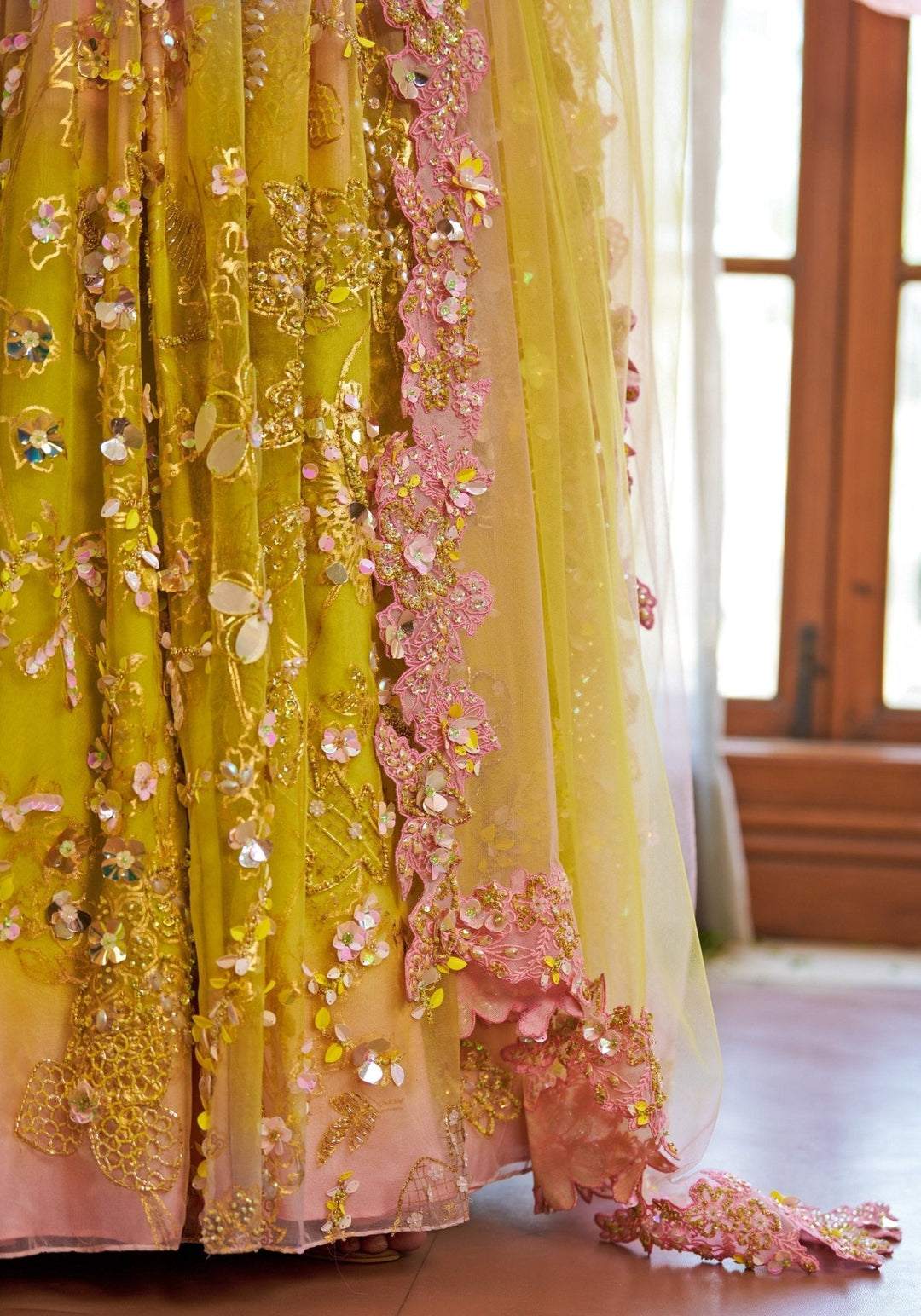 Yellow And Pink Ombre Floral Appliqué Organza Lehenga Moledro - Fabilicious Fashion