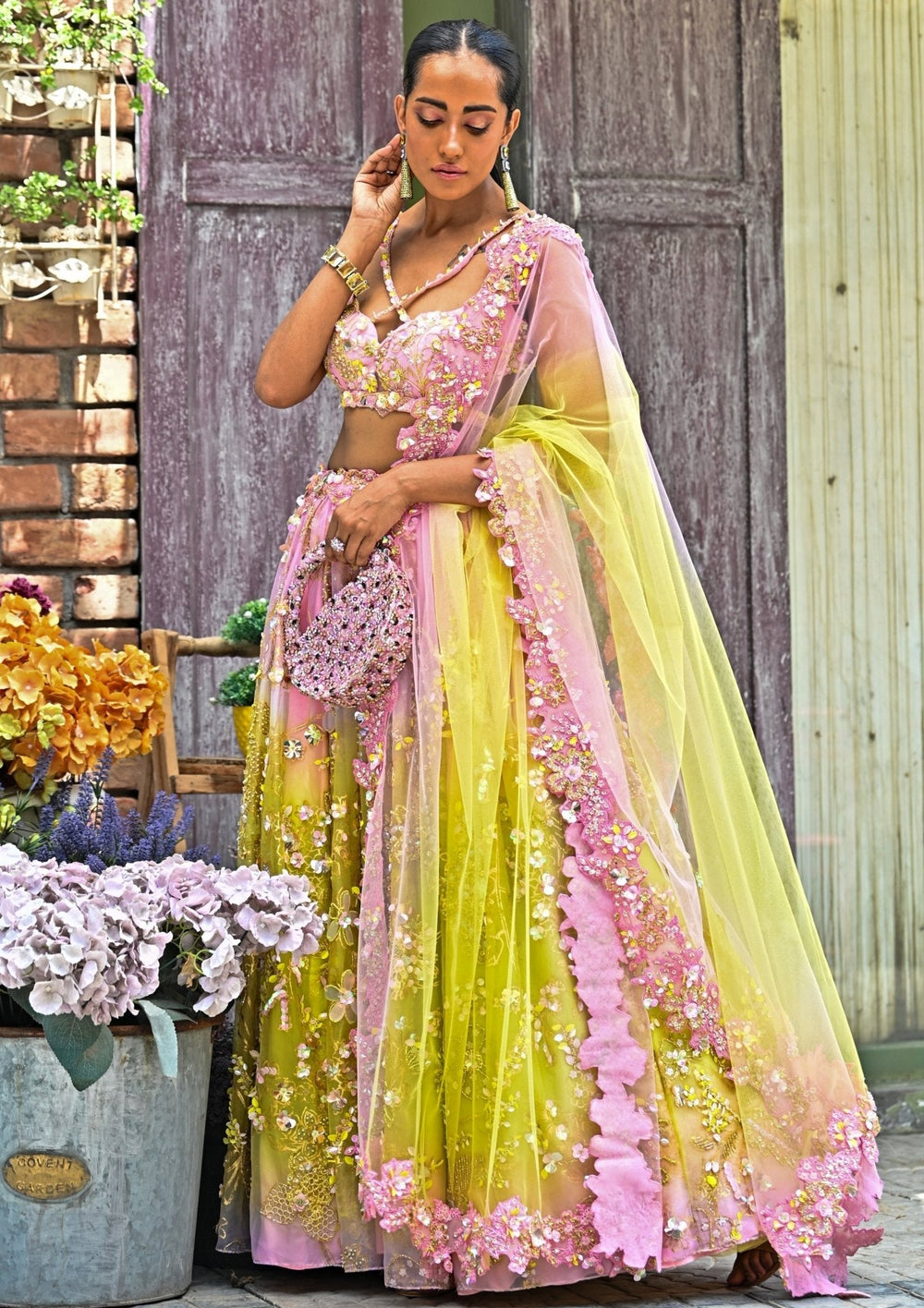 Yellow And Pink Ombre Floral Appliqué Organza Lehenga Moledro - Fabilicious Fashion
