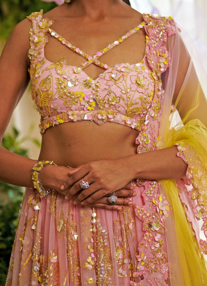Yellow And Pink Ombre Floral Appliqué Organza Lehenga Moledro - Fabilicious Fashion