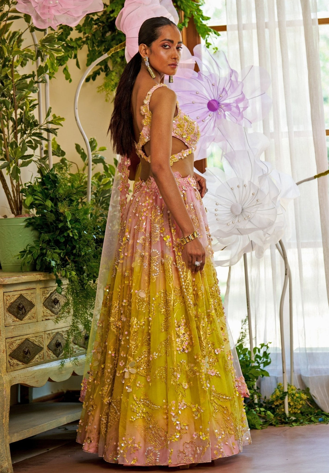 Yellow And Pink Ombre Floral Appliqué Organza Lehenga Moledro - Fabilicious Fashion