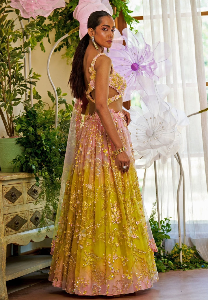 Yellow And Pink Ombre Floral Appliqué Organza Lehenga Moledro - Fabilicious Fashion