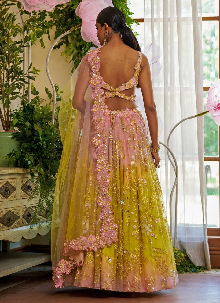 Yellow And Pink Ombre Floral Appliqué Organza Lehenga Moledro - Fabilicious Fashion