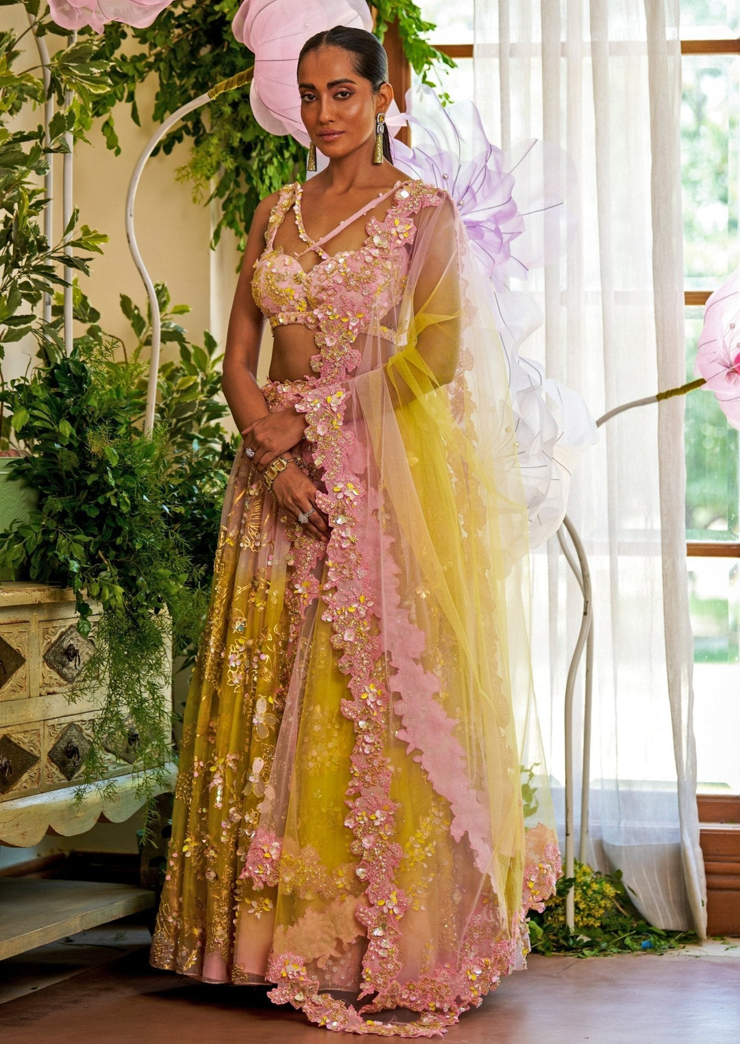 Yellow And Pink Ombre Floral Appliqué Organza Lehenga Moledro - Fabilicious Fashion