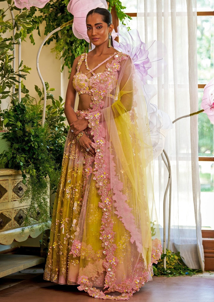 Yellow And Pink Ombre Floral Appliqué Organza Lehenga Moledro - Fabilicious Fashion