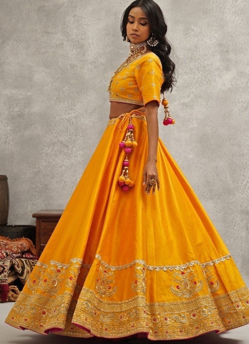 Yellow And Pink Silk Lehenga Set Kapda Dori - Fabilicious Fashion
