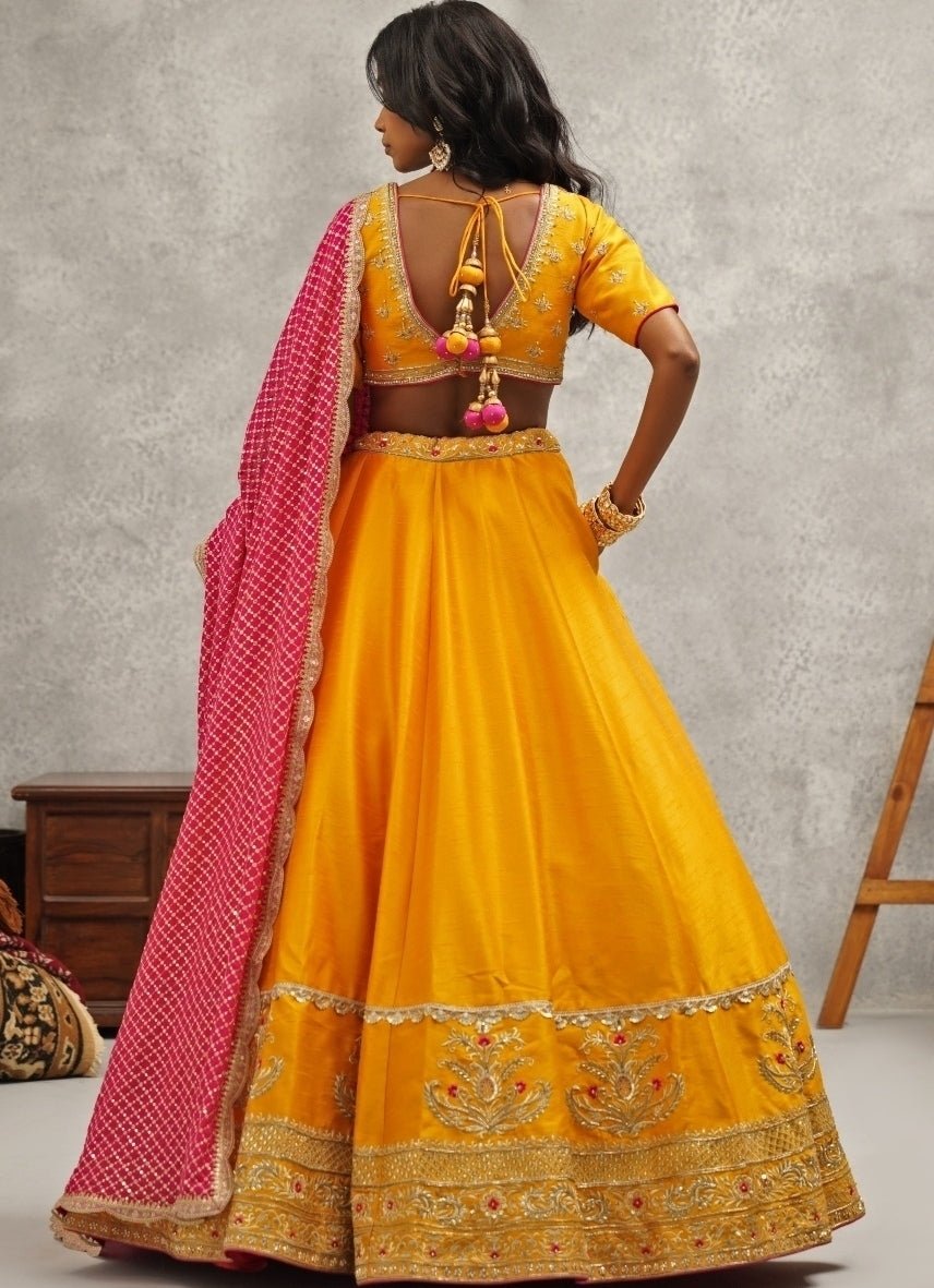 Yellow And Pink Silk Lehenga Set Kapda Dori - Fabilicious Fashion