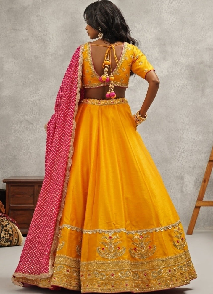 Yellow And Pink Silk Lehenga Set Kapda Dori - Fabilicious Fashion