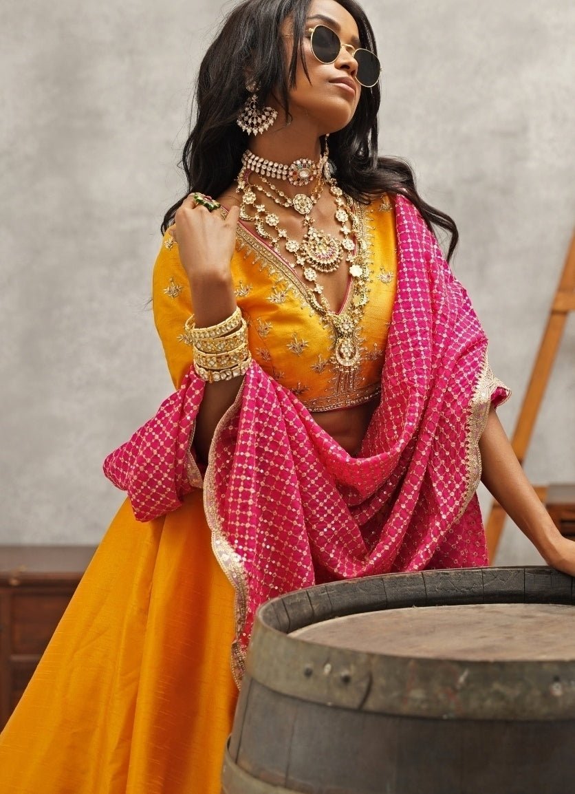 Yellow And Pink Silk Lehenga Set Kapda Dori - Fabilicious Fashion