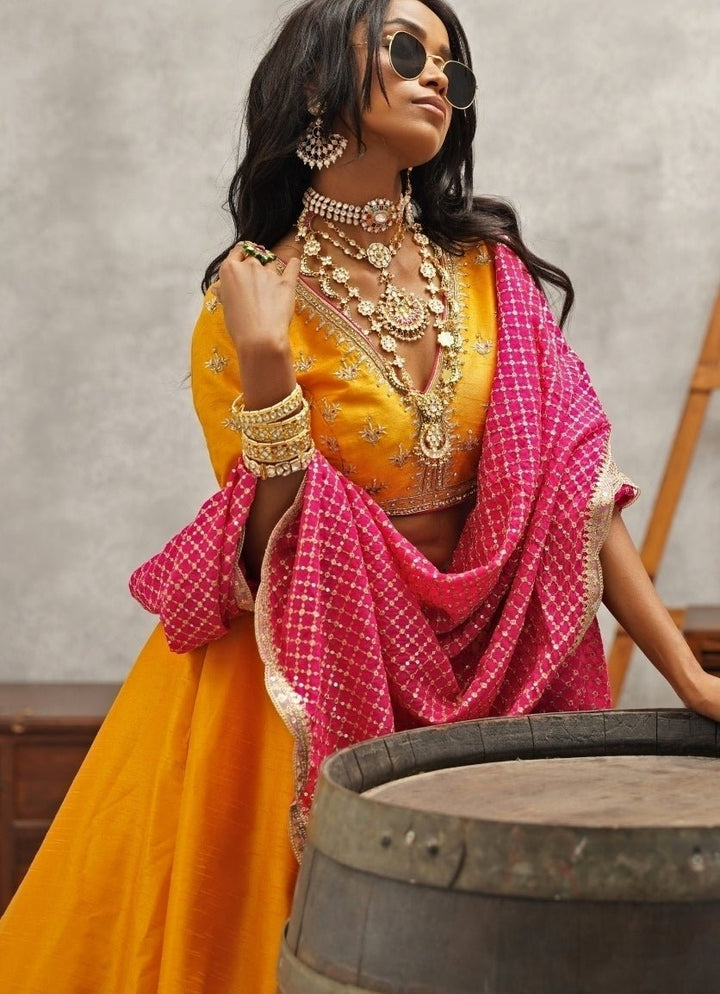 Yellow And Pink Silk Lehenga Set Kapda Dori - Fabilicious Fashion