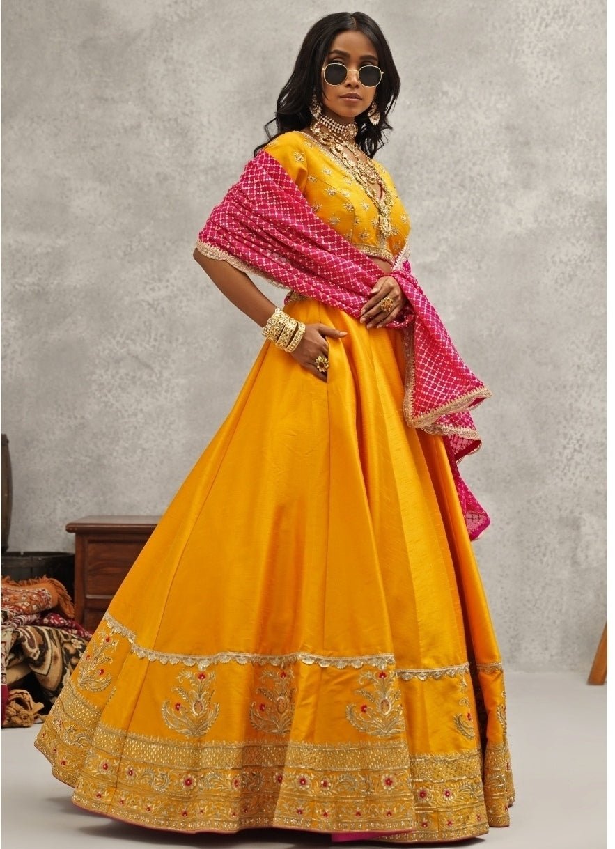 Yellow And Pink Silk Lehenga Set Kapda Dori - Fabilicious Fashion