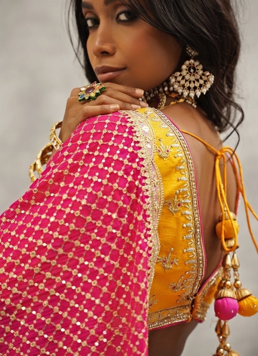 Yellow And Pink Silk Lehenga Set Kapda Dori - Fabilicious Fashion