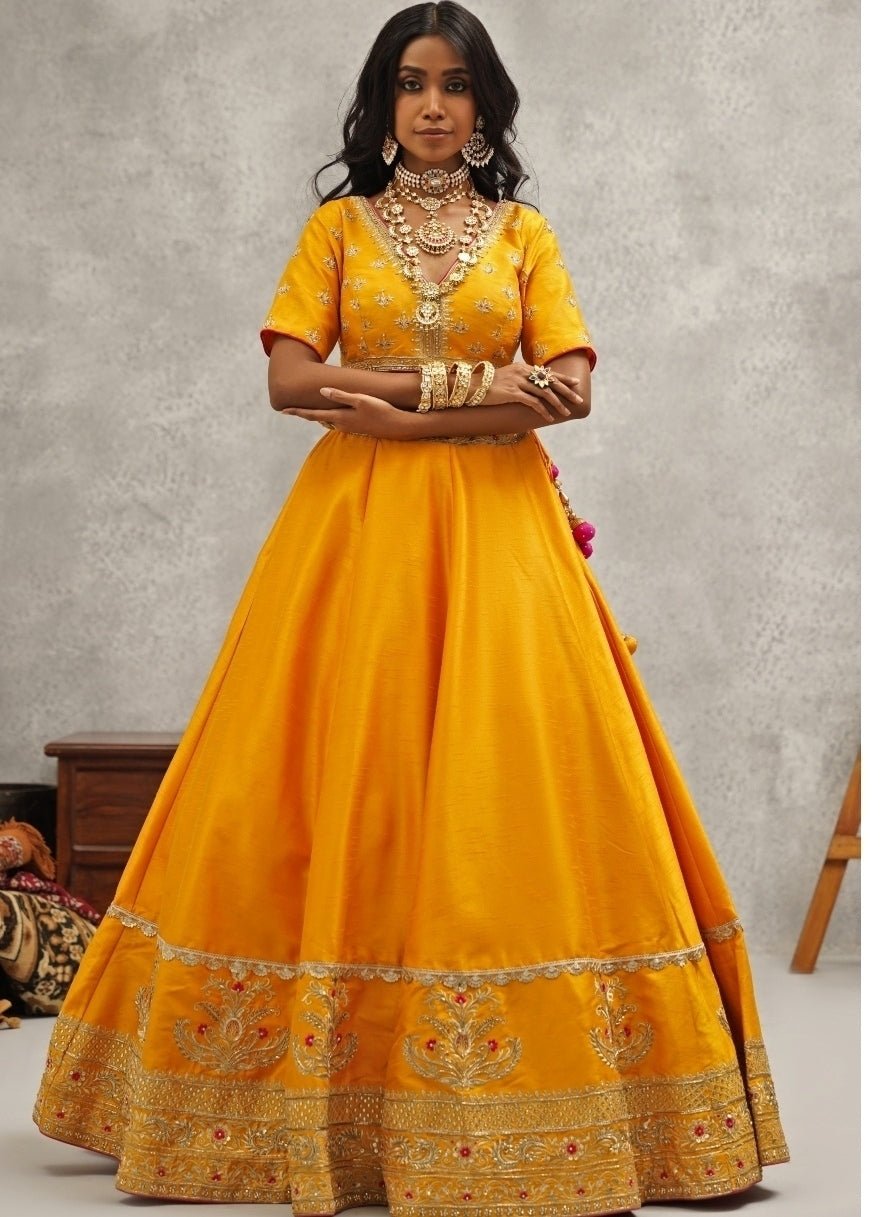Yellow And Pink Silk Lehenga Set Kapda Dori - Fabilicious Fashion