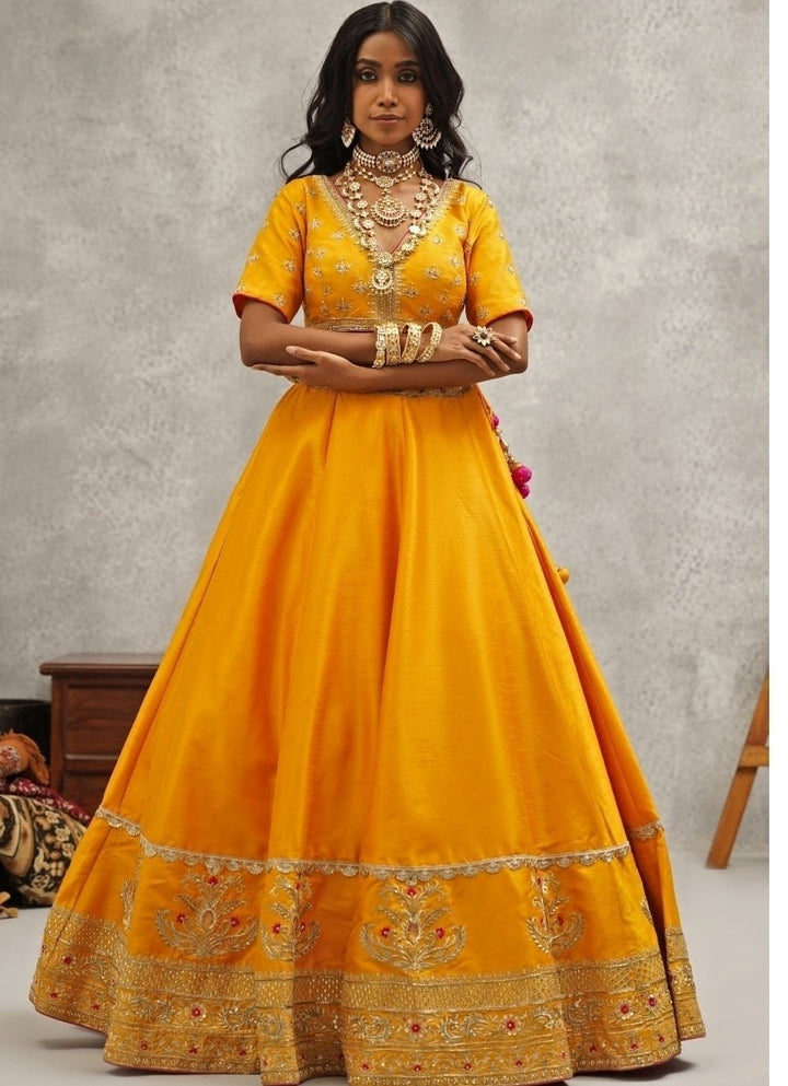 Yellow And Pink Silk Lehenga Set Kapda Dori - Fabilicious Fashion