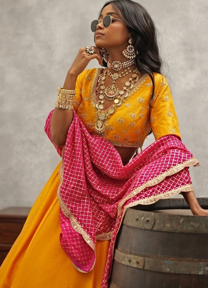 Yellow And Pink Silk Lehenga Set Kapda Dori - Fabilicious Fashion