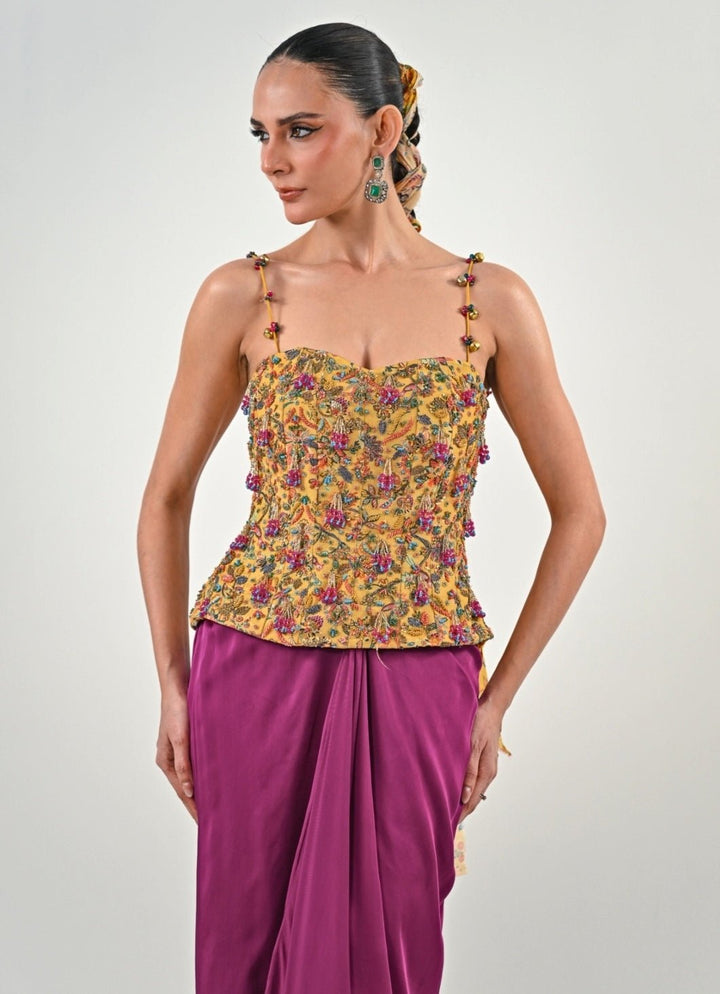 Yellow And Purple Dhoti Set With Corset Blouse Juhi Bengani - Fabilicious Fashion