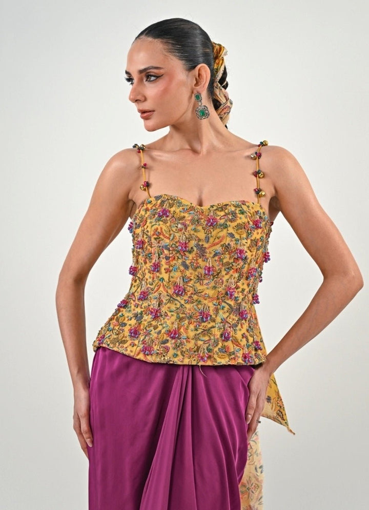 Yellow And Purple Dhoti Set With Corset Blouse Juhi Bengani - Fabilicious Fashion