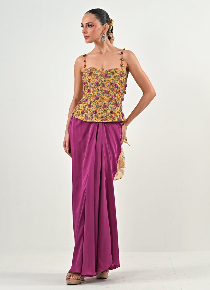 Yellow And Purple Dhoti Set With Corset Blouse Juhi Bengani - Fabilicious Fashion
