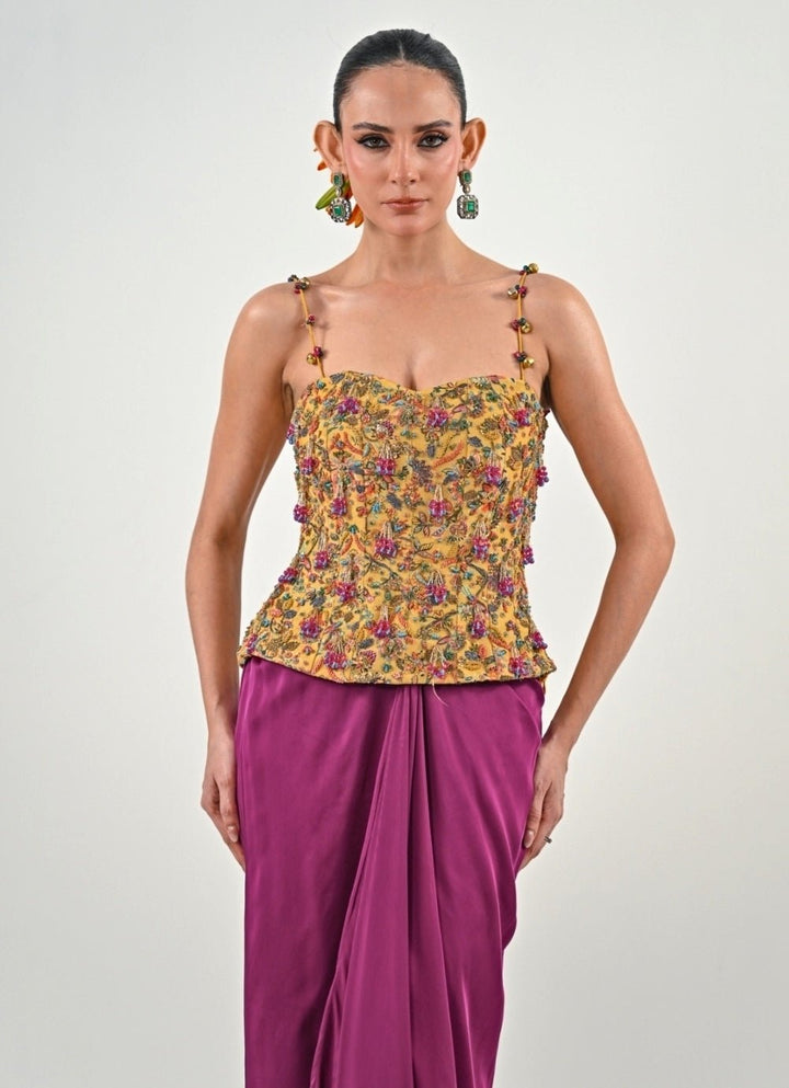 Yellow And Purple Dhoti Set With Corset Blouse Juhi Bengani - Fabilicious Fashion