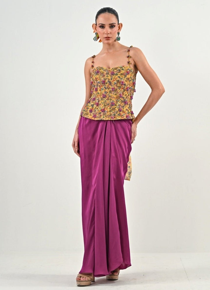 Yellow And Purple Dhoti Set With Corset Blouse Juhi Bengani - Fabilicious Fashion