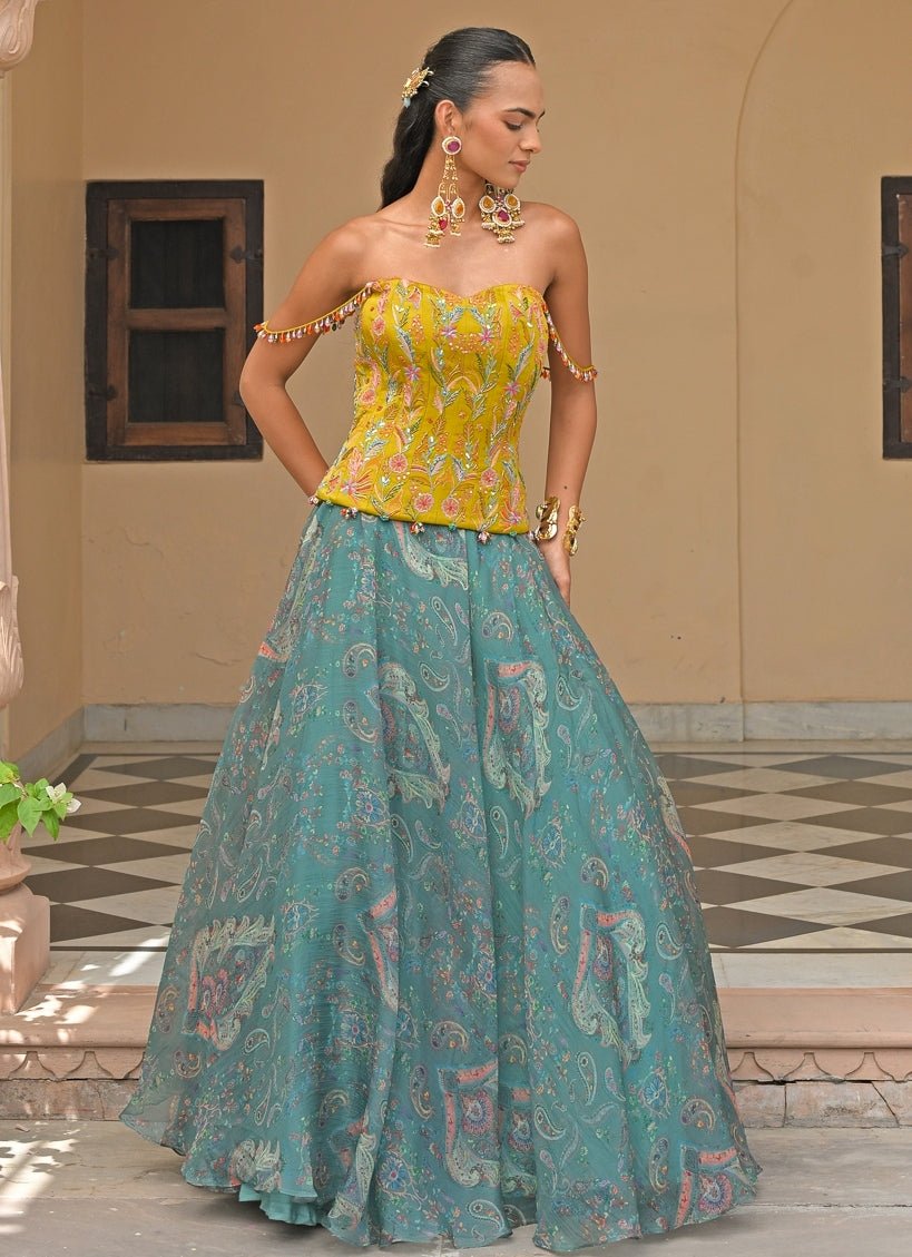 Yellow And Rama Green Corset Lehenga Set Juhi Bengani - Fabilicious Fashion