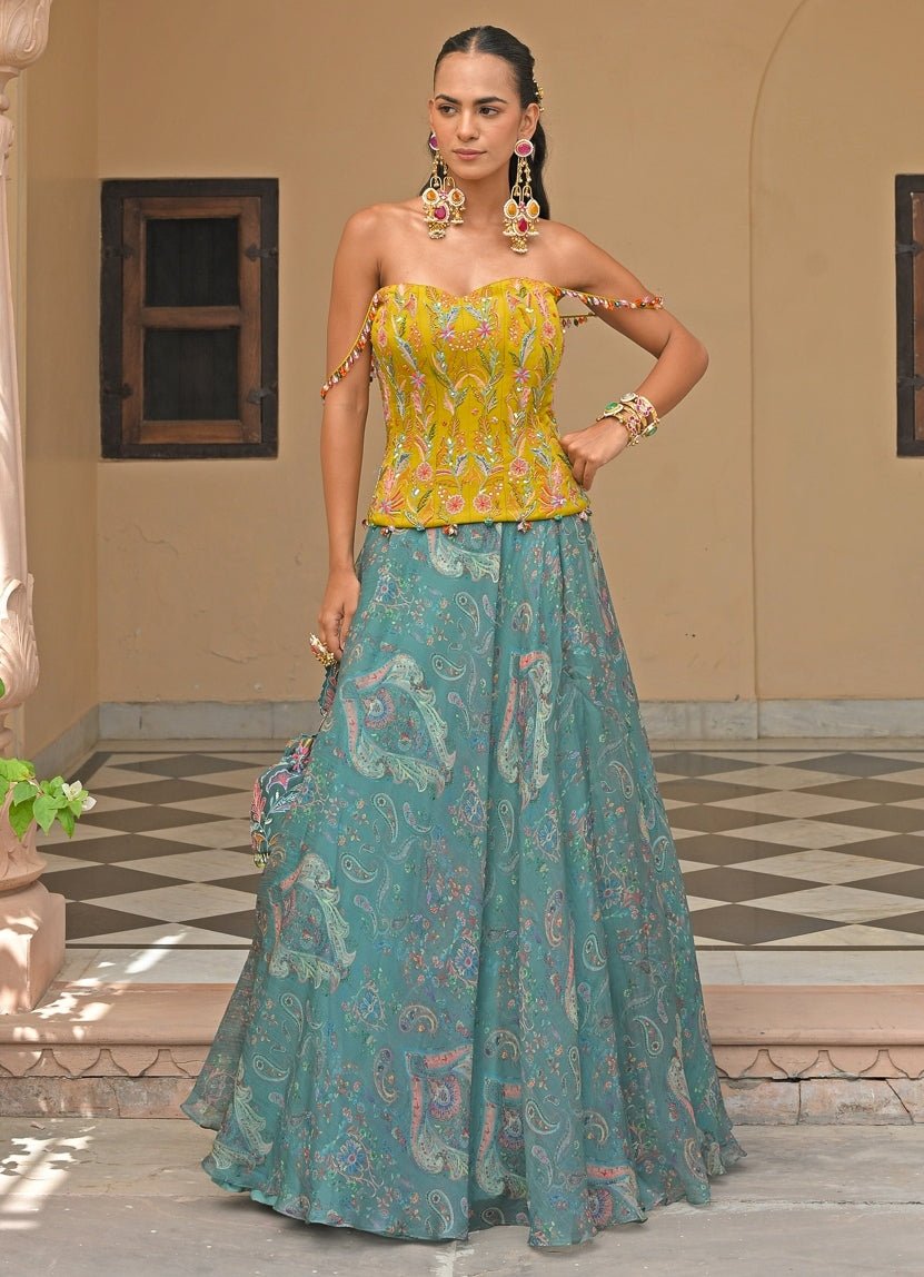 Yellow And Rama Green Corset Lehenga Set Juhi Bengani - Fabilicious Fashion