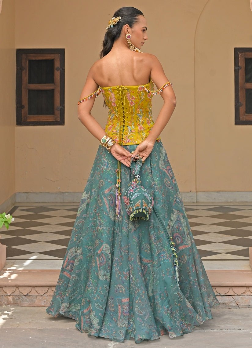 Yellow And Rama Green Printed Lehenga Set With Corset Juhi Bengani - Fabilicious Fashion