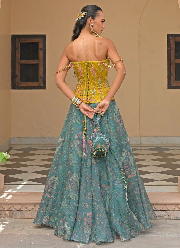 Yellow And Rama Green Printed Lehenga Set With Corset Juhi Bengani - Fabilicious Fashion