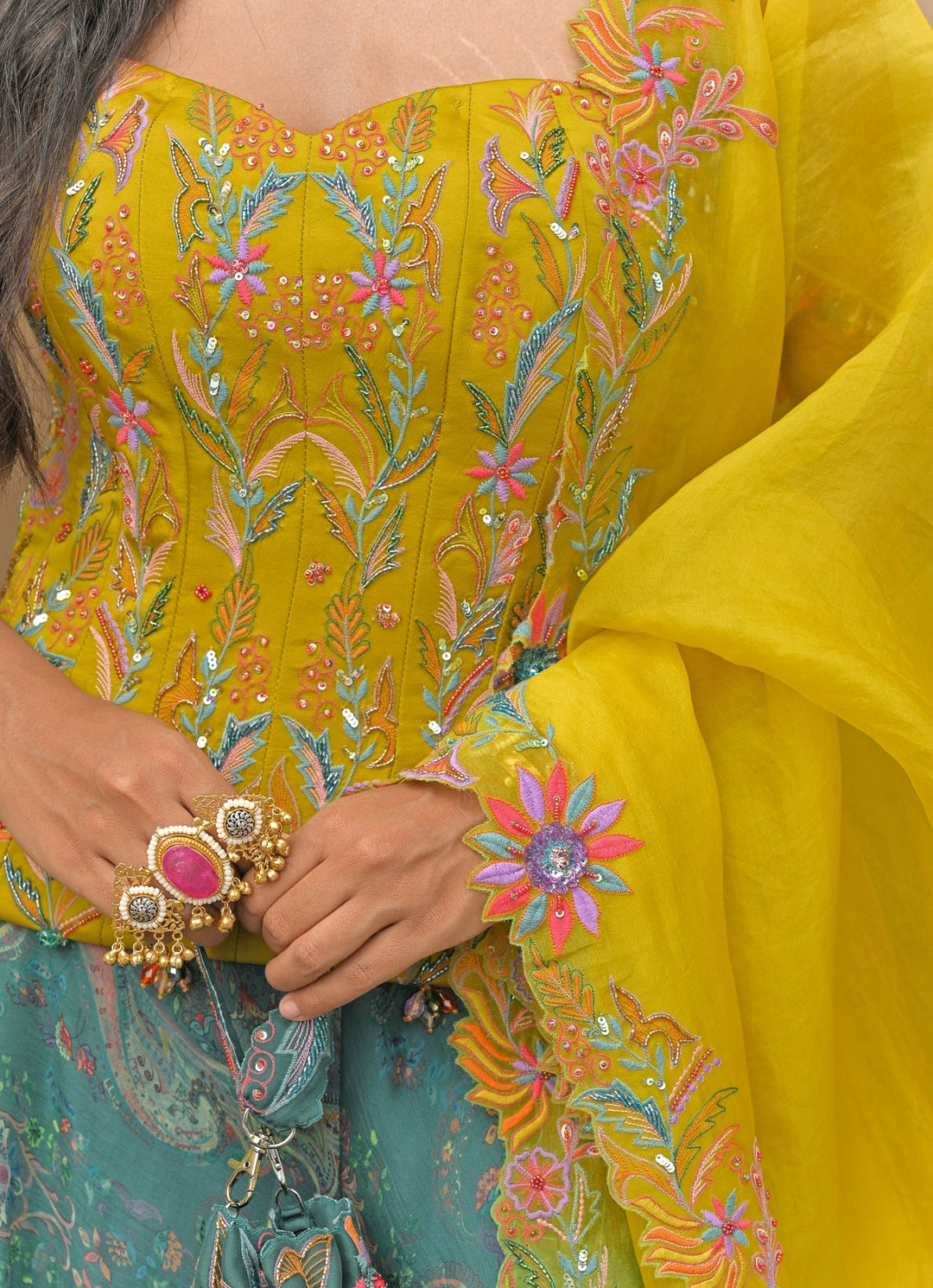 Yellow And Rama Green Printed Lehenga Set With Corset Juhi Bengani - Fabilicious Fashion
