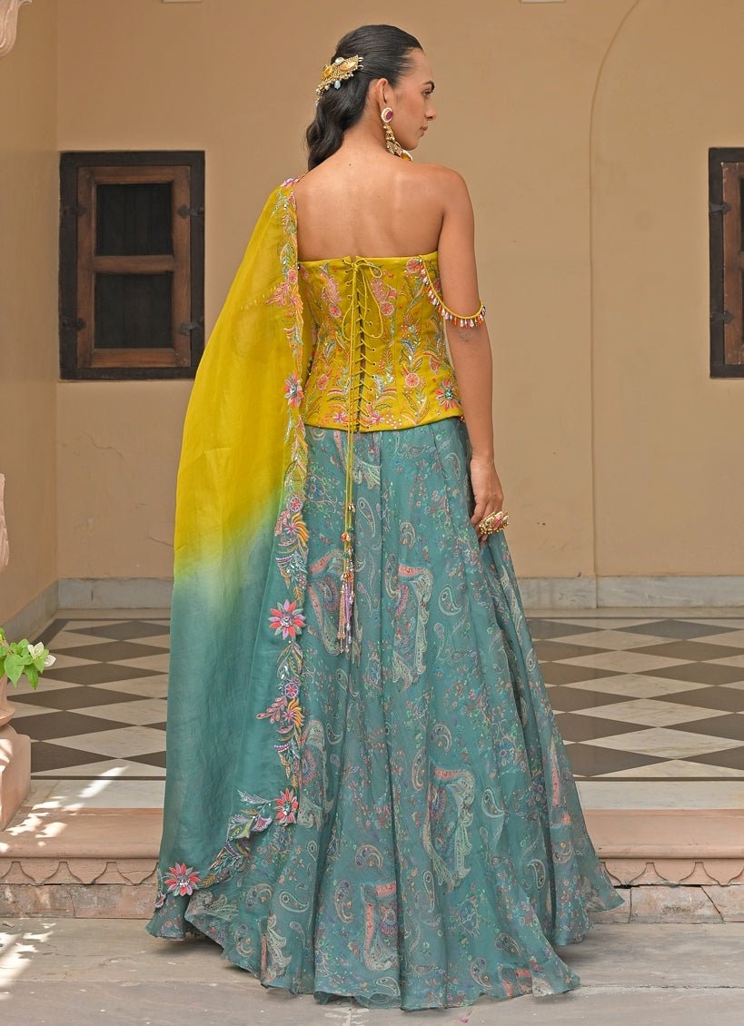 Yellow And Rama Green Printed Lehenga Set With Corset Juhi Bengani - Fabilicious Fashion