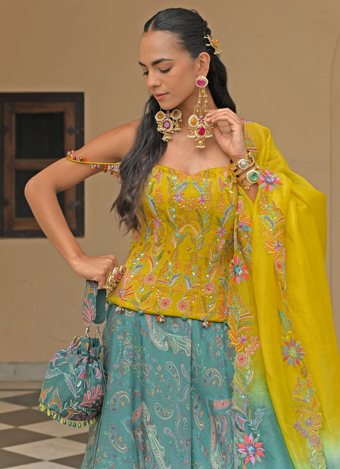 Yellow And Rama Green Printed Lehenga Set With Corset Juhi Bengani - Fabilicious Fashion