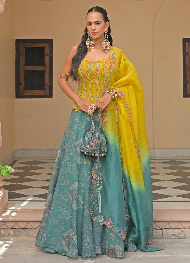 Yellow And Rama Green Printed Lehenga Set With Corset Juhi Bengani - Fabilicious Fashion