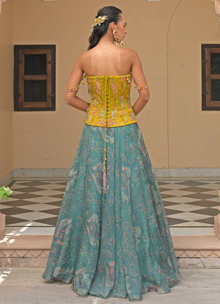 Yellow And Rama Green Printed Lehenga Set With Corset Juhi Bengani - Fabilicious Fashion