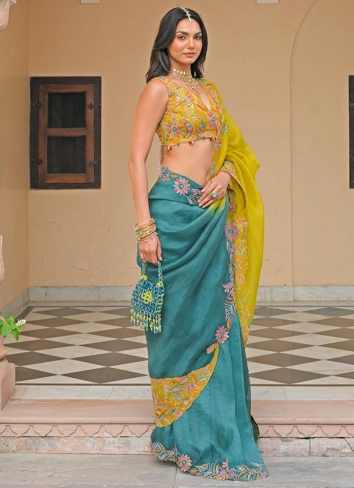 Juhi Bengani Yellow And Rama Green Shaded Organza SareeFabilicious Fashion