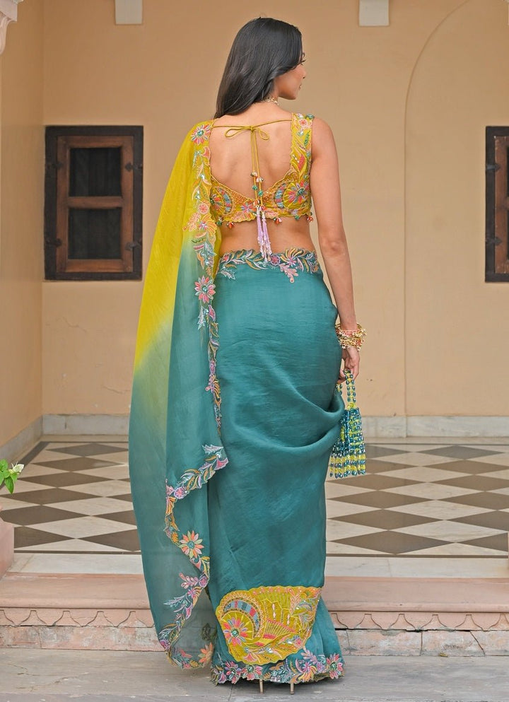 Juhi Bengani Yellow And Rama Green Shaded Organza SareeFabilicious Fashion