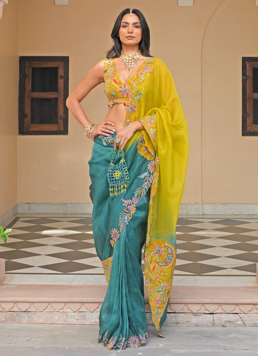 Juhi Bengani Yellow And Rama Green Shaded Organza SareeFabilicious Fashion
