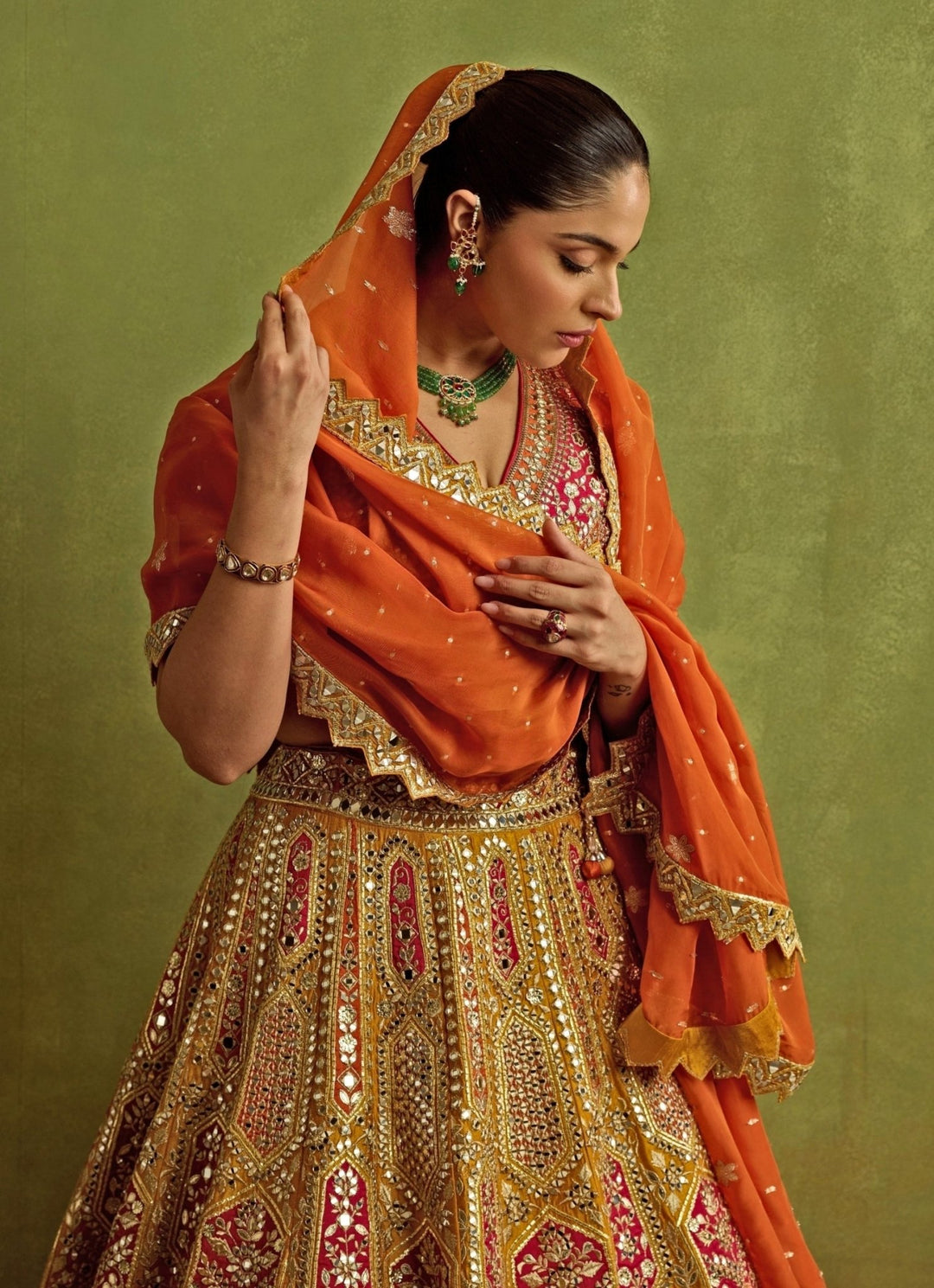 Yellow And Red Mirror Embroidered Silk Lehenga Suhino - Fabilicious Fashion