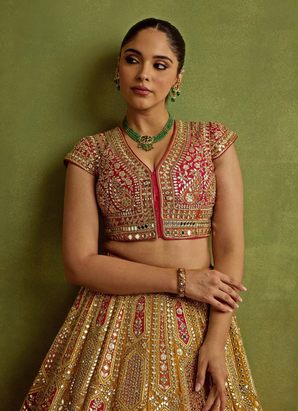 Yellow And Red Mirror Embroidered Silk Lehenga Suhino - Fabilicious Fashion