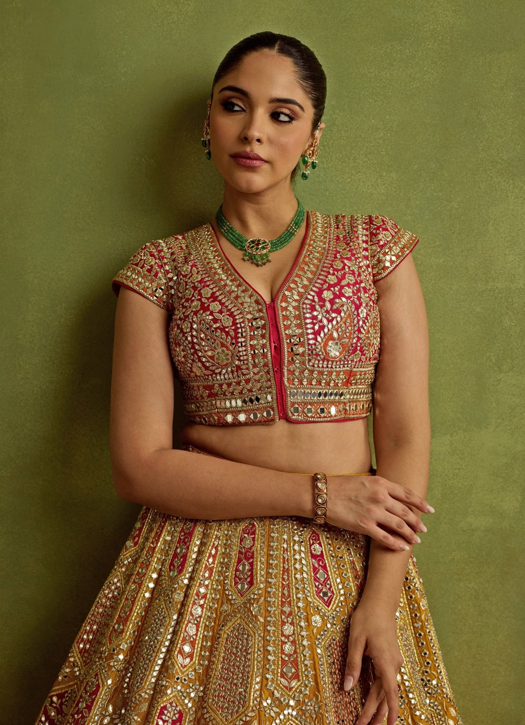 Yellow And Red Mirror Embroidered Silk Lehenga Suhino - Fabilicious Fashion