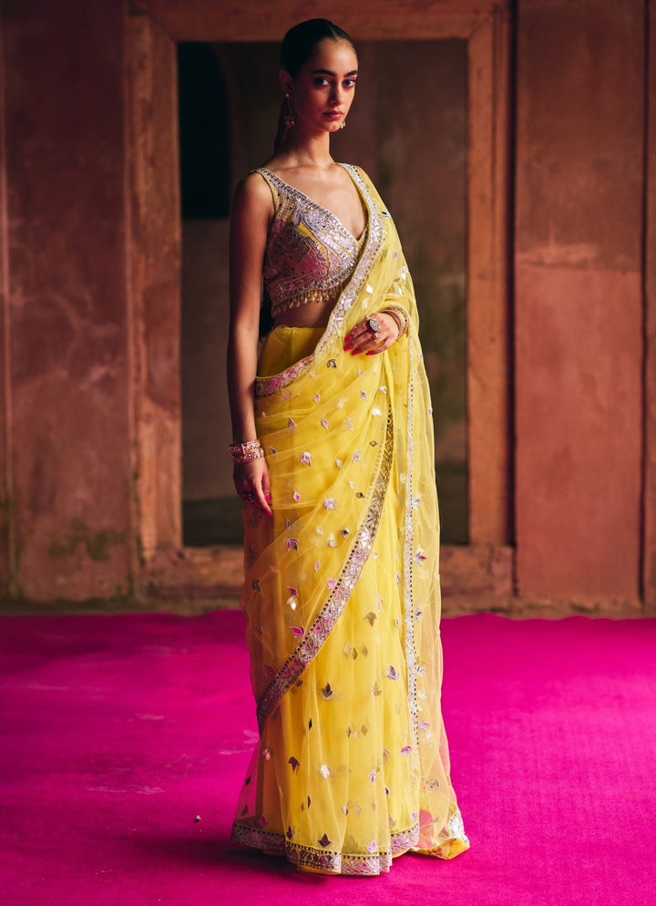 Yellow And Silver Mirrorwork And Gota Net Saree Angad Singh - Fabilicious Fashion