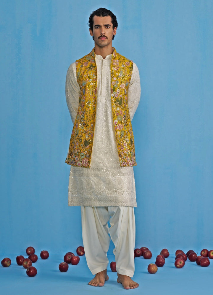Yellow And White Embroidered Georgette Kurta Jacket Set Kalpraag - Fabilicious Fashion