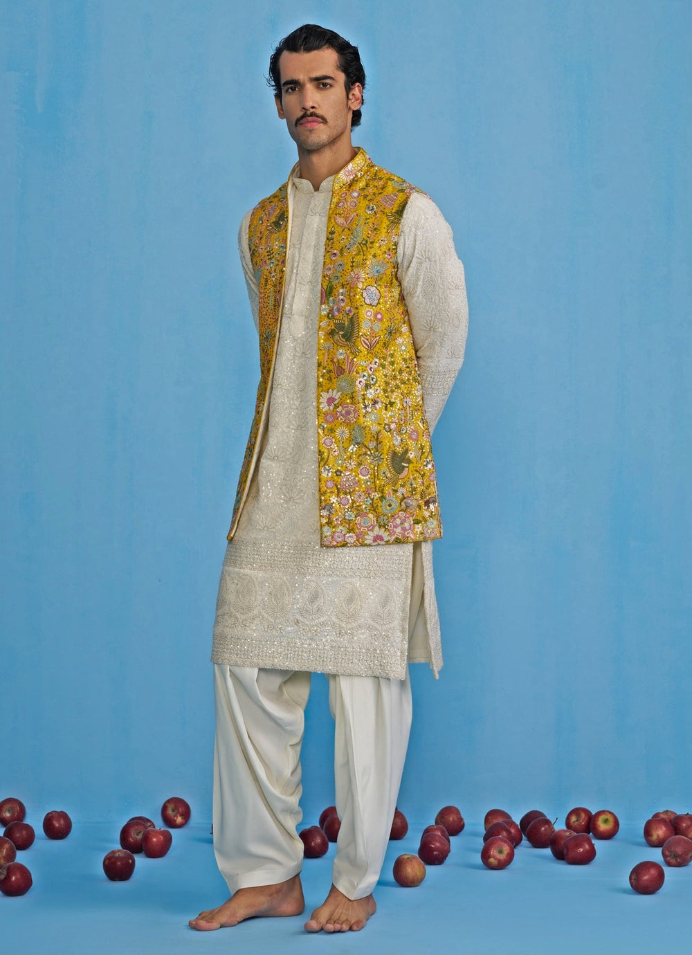 Yellow And White Embroidered Georgette Kurta Jacket Set Kalpraag - Fabilicious Fashion
