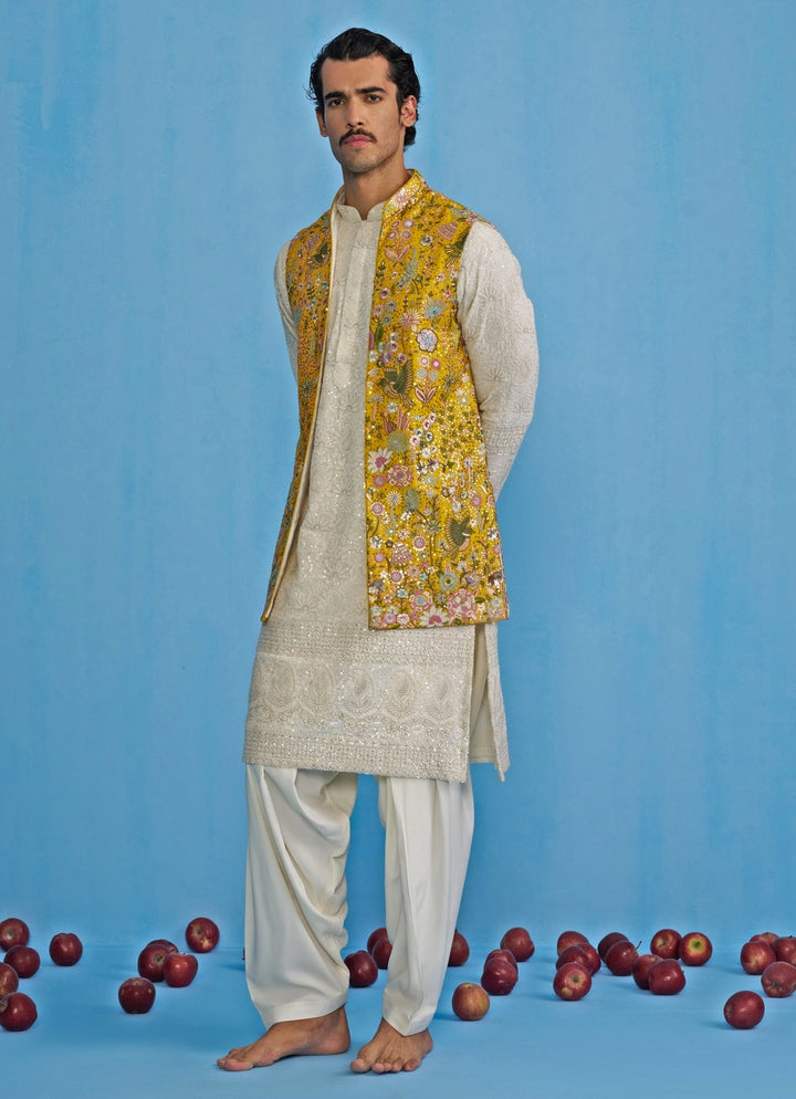 Yellow And White Embroidered Georgette Kurta Jacket Set Kalpraag - Fabilicious Fashion